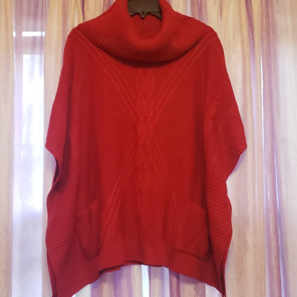 Red Poncho Sweater with Cowl Neck